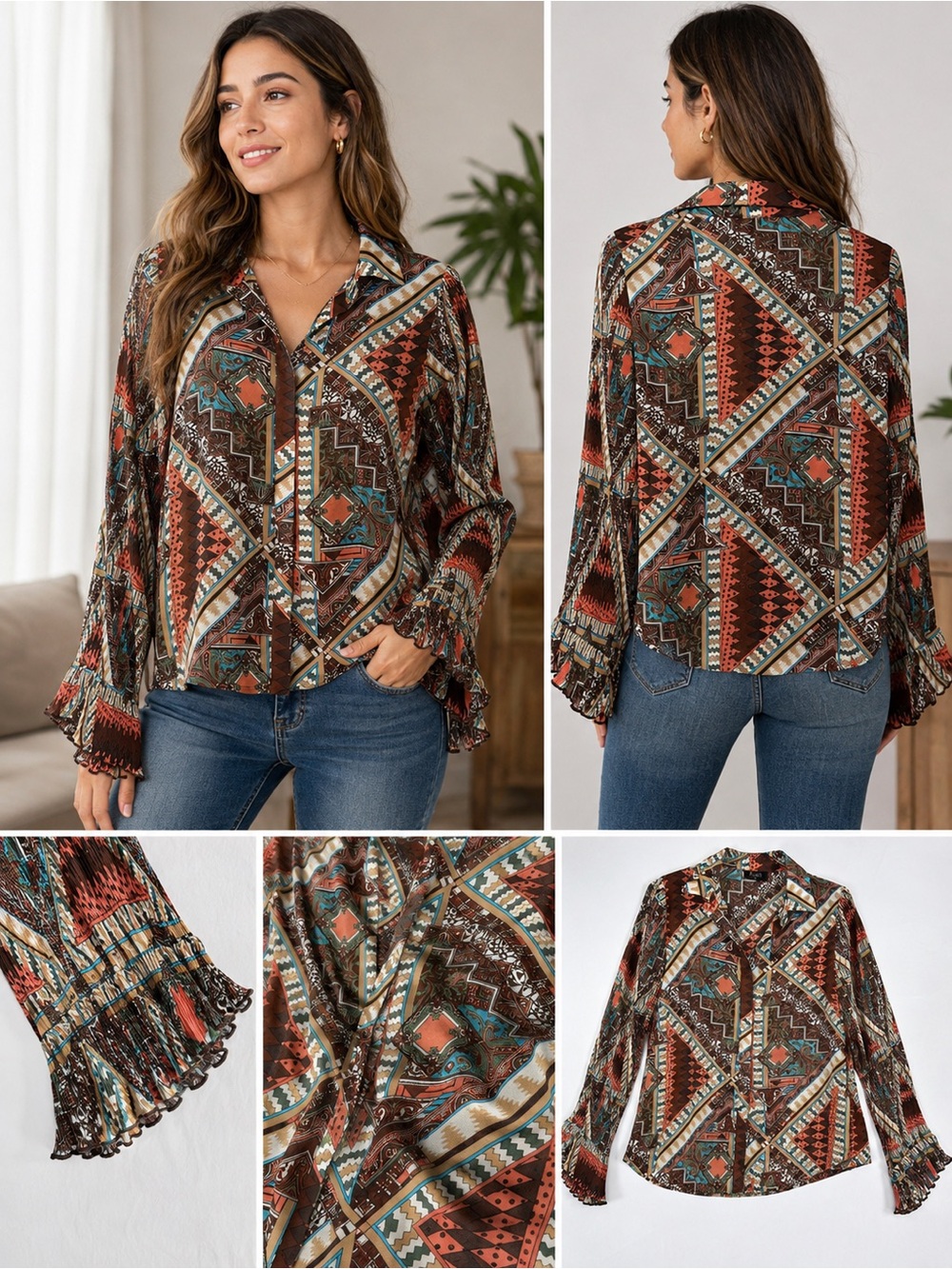 Meritt Blouse Women L Brown Boho Geometric Print Pleated Bell Sleeve NWOT